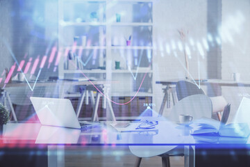 Poster - Multi exposure of stock market chart drawing and office interior background. Concept of financial analysis.