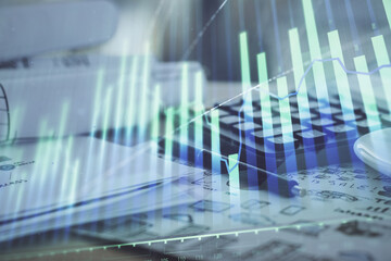 Poster - Double exposure of financial chart drawings and desk with open notebook background. Concept of forex market
