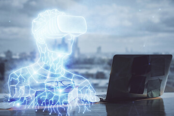 Poster - Double exposure of man in VR glasses drawing and desk with open notebook background. Concept of AR