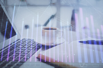 Aufkleber - Double exposure of financial chart drawing and desktop with coffee and items on table background. Concept of forex market trading