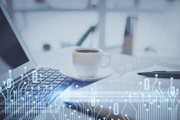 Aufkleber - Double exposure of technology theme drawing and desktop with coffee and items on table background. Concept of data research.