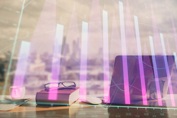 Poster - Double exposure of financial chart drawings and desk with open notebook background. Concept of forex market