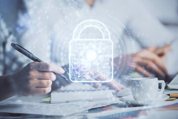 Poster - Double exposure of lock drawing over people taking notes background. Concept of security