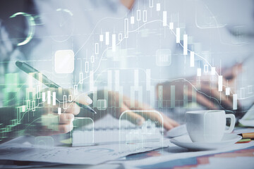 Poster - Double exposure of forex graph drawing over people taking notes background. Concept of financial analysis