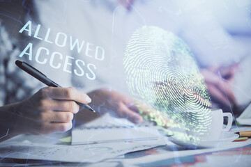 Aufkleber - Double exposure of fingerprint drawing over people taking notes background. Concept of security