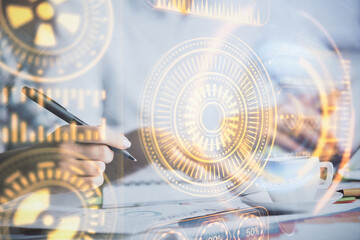 Fototapete - Double exposure of technology theme drawing over people taking notes background. Concept of Tech