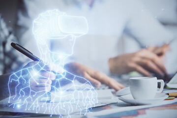 Poster - Double exposure of AR glasses drawing over people taking notes background. Concept of VR