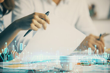 Aufkleber - Double exposure of data theme sketch drawing over people writing background. Concept of technology
