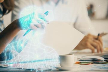 Poster - Double exposure of AR glasses drawing over people taking notes background. Concept of VR