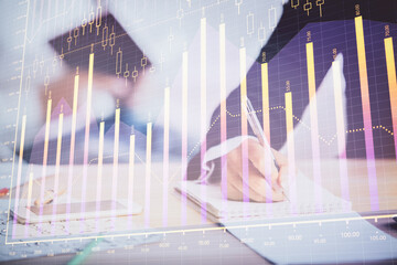 Poster - Double exposure of forex chart drawing over people taking notes background. Concept of financial analysis