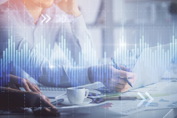 Aufkleber - Double exposure of man and woman working together and financial graph hologram. Business concept. Computer background.