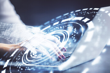 Poster - Multi exposure of woman hands working on computer and data theme hologram drawing. Tech concept.