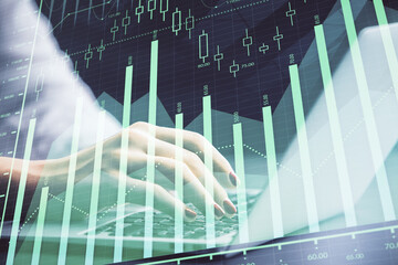 Poster - Double exposure of businesswoman hands typing on computer and forex chart hologram drawing. Financial analysis concept.