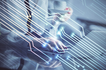 Aufkleber - Multi exposure of woman hands working on computer and data theme hologram drawing. Tech concept.