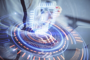 Poster - Multi exposure of woman hands working on computer and data theme hologram drawing. Tech concept.