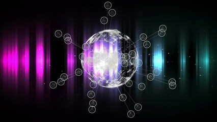 Poster - Animation of digital icons over spinning globe against pink and blue glowing light trails