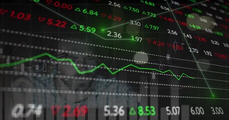Poster - Animation of trading board and graphs over tired caucasian man working on laptop