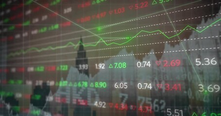 Poster - Animation of trading board over lines and graph against buildings in background