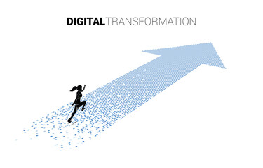 Poster - Silhouette of businesswoman running on the arrow from pixel. concept of digital transformation of business.