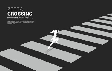 Poster - Silhouette of businesswoman running on zebra crossing. Concept of safe zone and business road map.
