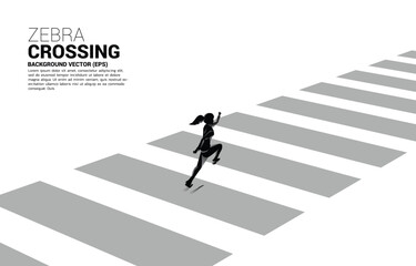 Poster - Silhouette of businesswoman running on zebra crossing. Concept of safe zone and business road map.