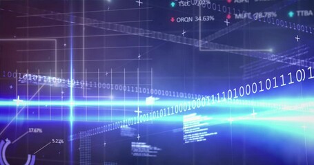 Poster - Animation of illuminated lines over graphs, trading board, binary codes and computer language