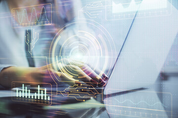 Poster - Multi exposure of woman hands working on computer and data theme hologram drawing. Tech concept.