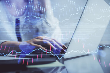 Aufkleber - Double exposure of woman hands typing on computer and financial graph hologram drawing. Stock market analysis concept.
