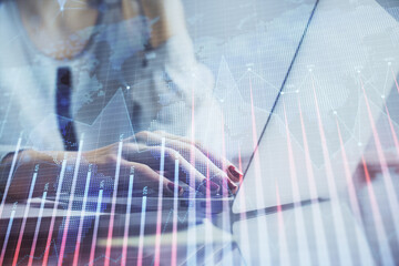 Aufkleber - Double exposure of woman hands typing on computer and financial graph hologram drawing. Stock market analysis concept.