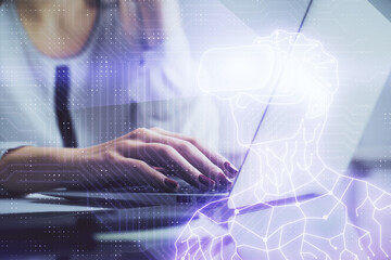 Poster - Double exposure of woman hands typing on computer and man in AR glasses drawing. Education concept.
