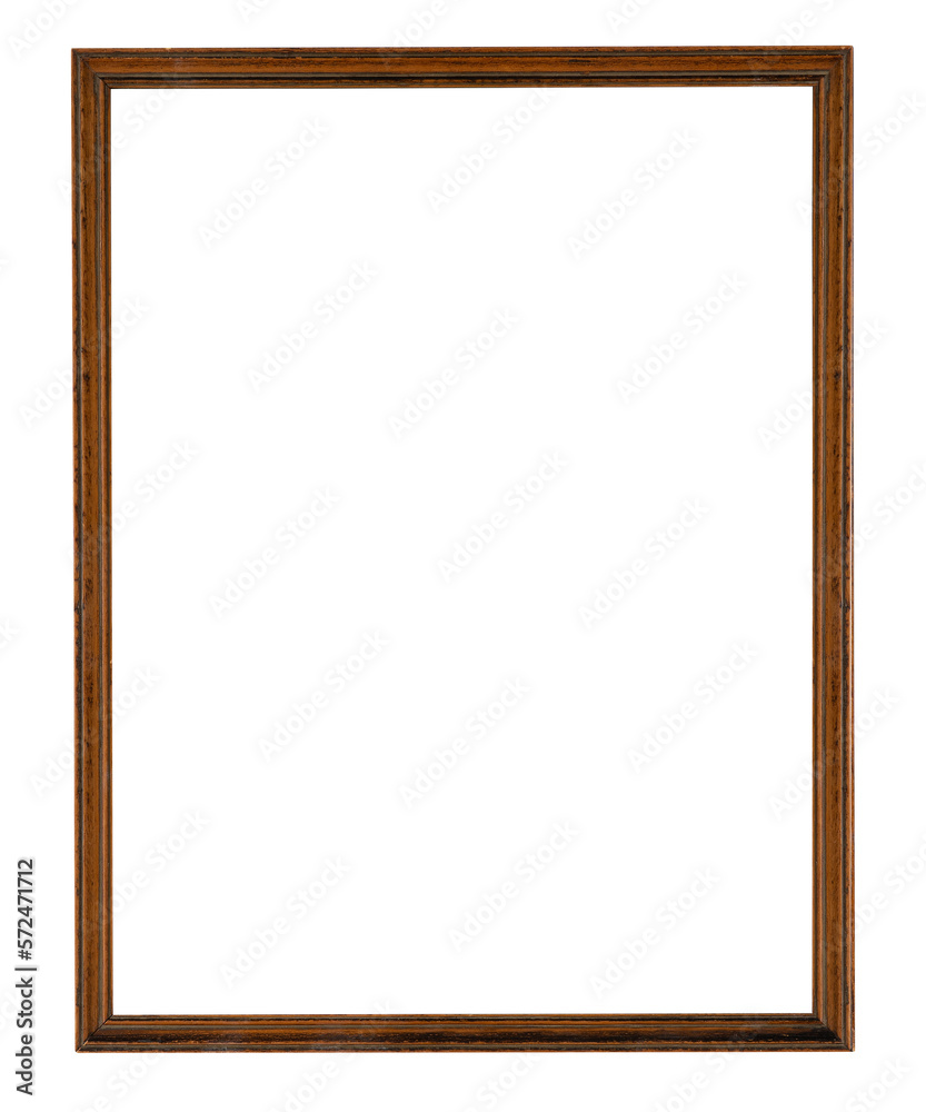 thin old dark wooden rectangle painting or photo frame isolated on a white background