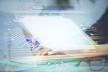 Aufkleber - Multi exposure of woman hands working on computer and data theme hologram drawing. Tech concept.