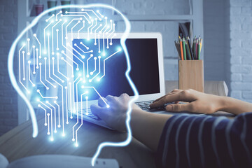 Poster - Double exposure of woman hands working on computer and brain hologram drawing. Ai concept.