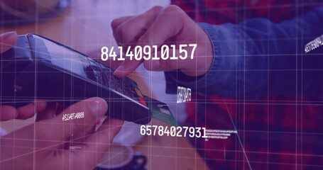 Poster - Animation of numbers and data processing over close up of a hand putting pin in card machine