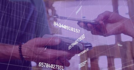 Poster - Animation of numbers and data processing over close up of a hand using phone to make a payment
