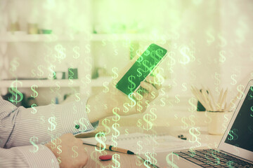 Aufkleber - Double exposure of man's hands holding and using a digital device and forex graph drawing. Financial market concept.