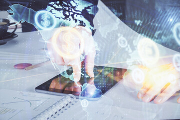 Aufkleber - Double exposure of man's hands holding and using a digital device and forex graph drawing. Financial market concept.