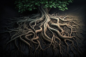 Close up of tree roots growing bigger with copy space for text. Earth day concept. Generative AI illustration