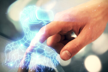 Poster - Double exposure of man's hands holding and using a digital device and AR glasses drawing. Virtual reality concept.