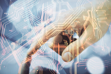 Fototapete - Double exposure of man's hands holding and using a digital device and tech theme hologram drawing. Technology concept.