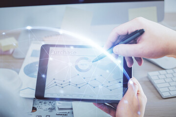 Poster - Double exposure of man's hands holding and using a phone and social network theme drawing.