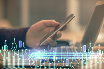 Poster - Multi exposure of man's hands holding and using a digital device and data theme drawing. Innovation concept.