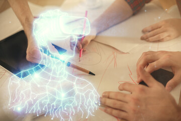 Poster - Double exposure of human hologram in VR glasses drawing and man and woman working together holding and using a mobile device. Education concept