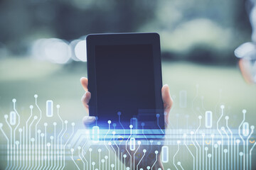 Poster - Double exposure of technology sketch hologram and woman holding and using a mobile device. Ai concept