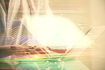 Poster - Double exposure of technology sketch hologram and woman holding and using a mobile device. Ai concept
