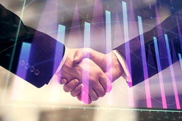 Poster - Double exposure of forex graph hologram and handshake of two men. Stock market concept.