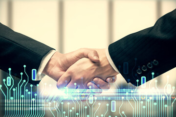 Poster - Double exposure of data theme hologram and handshake of two men. Partnership in IT industry concept.