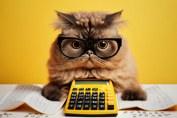 cute cat in glasses calculates the family budget concept of money management and financial planning,