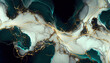 Abstract navy emerald marble liquid texture with gold splashes, luxury background