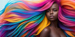 Beautiful girl with colorful hair. Young African American woman with rainbow dyed hairstyle. Female face on background of colored fluttering curls. Professional haircut and coloring. Generative AI